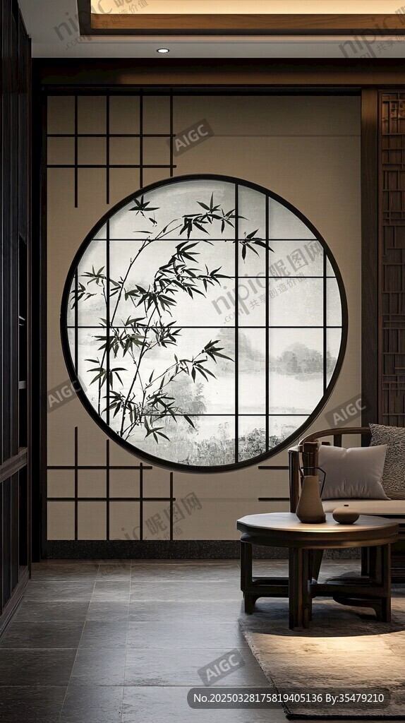 中式圆窗竹景雅致空间