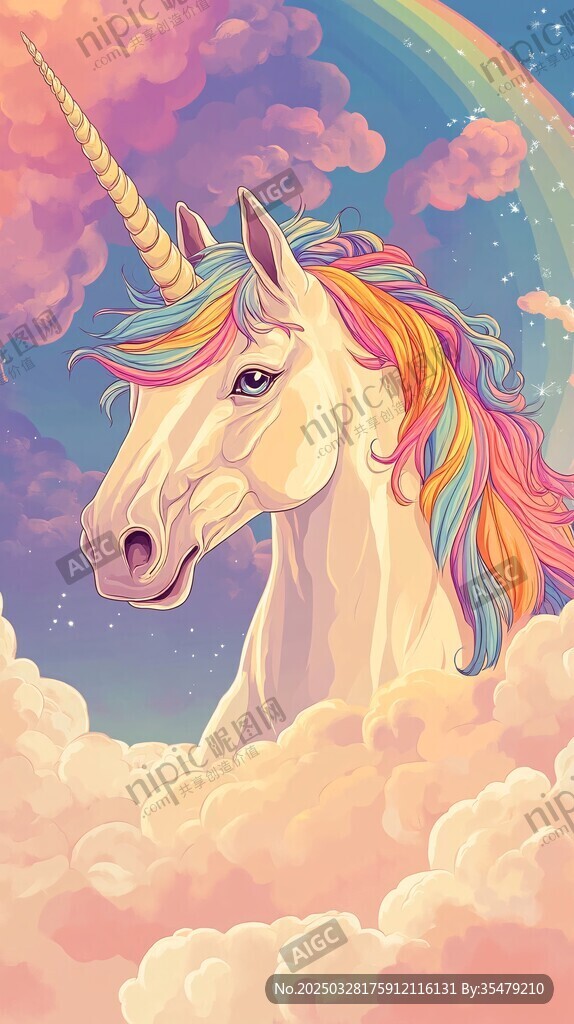 梦幻独角兽于云端伴彩虹