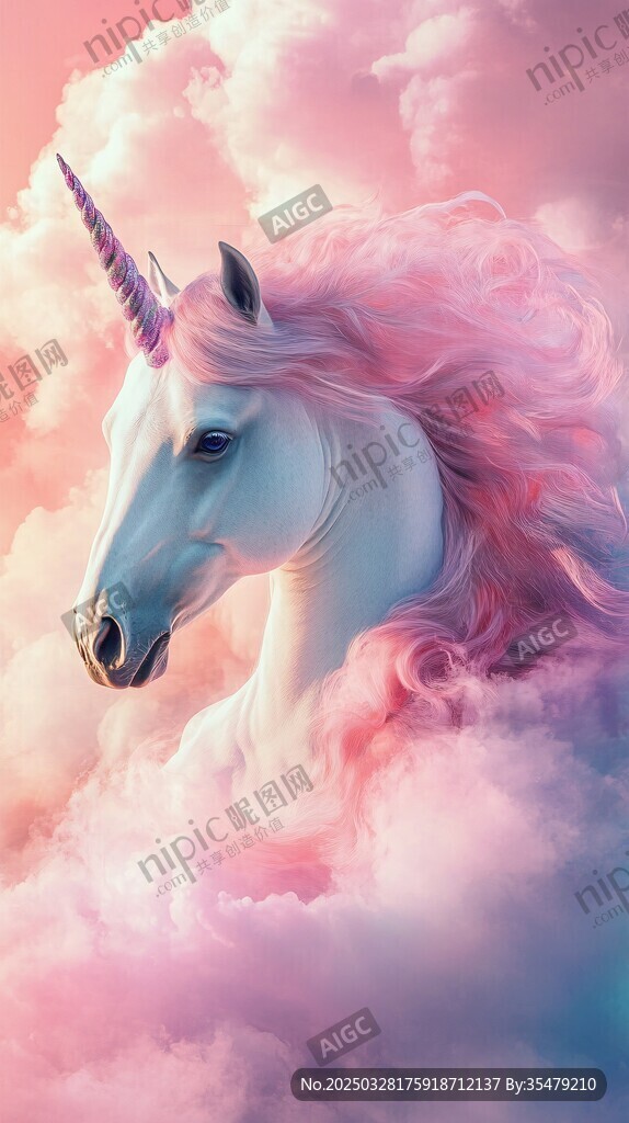 梦幻独角兽遨游粉色云海