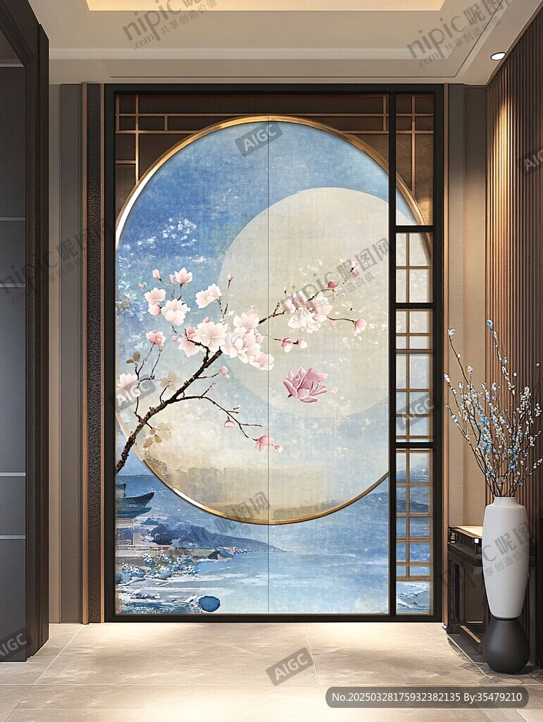中式圆月樱花玄关装饰画