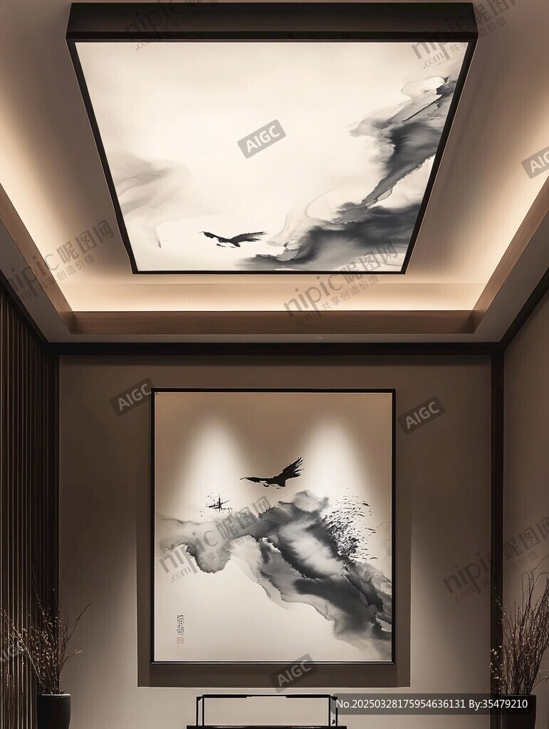 中式水墨风室内灯具与挂画