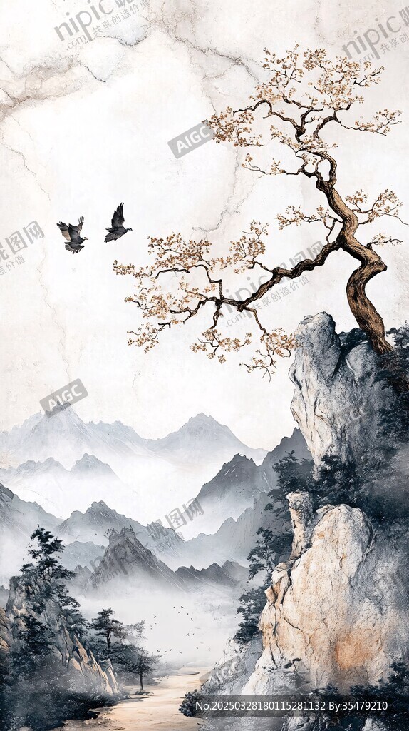 水墨山水间的孤树飞鸟