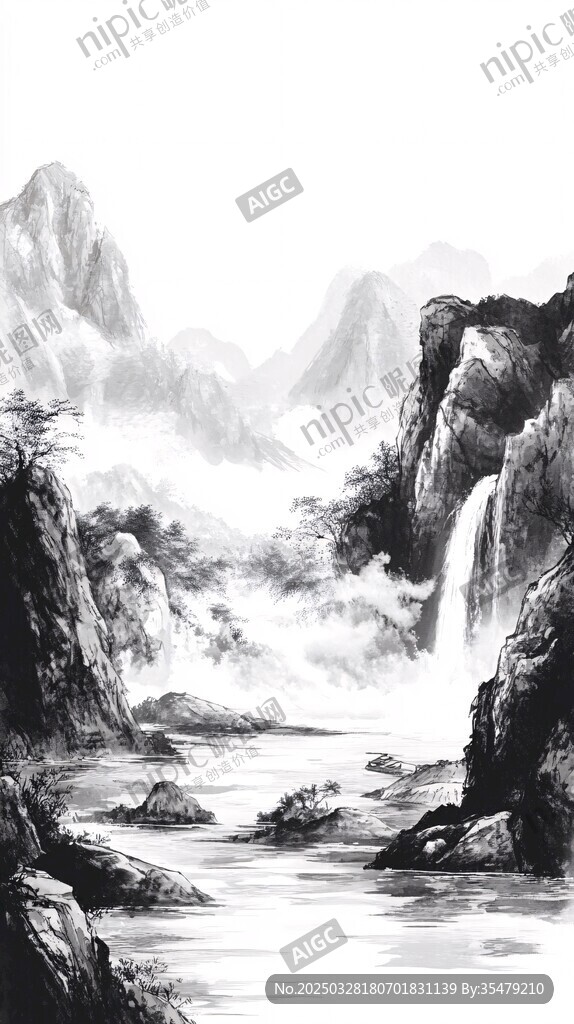 水墨山水瀑布景致图