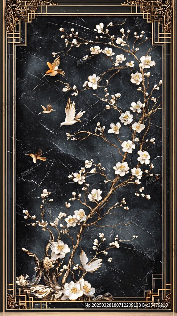 中式花鸟黑金背景装饰画