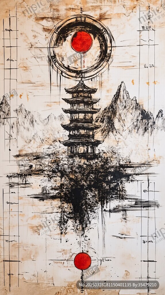 水墨古塔红日山水意境图