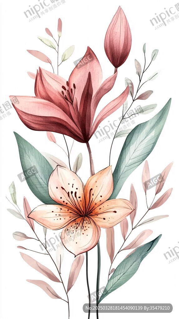 粉色花卉插画 清新自然风