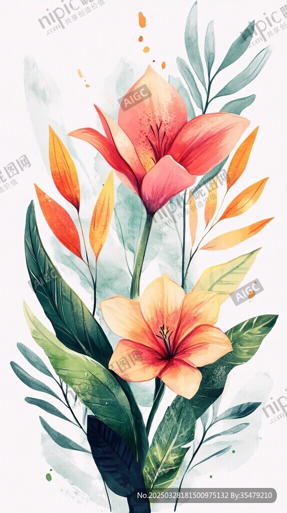 水彩绘艳丽花卉与绿叶