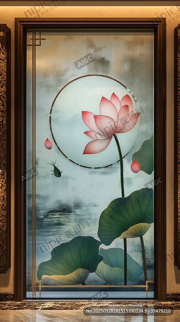 中式荷花玄关装饰画