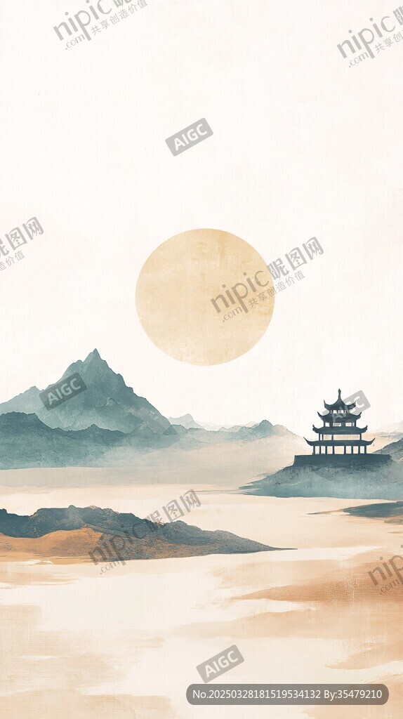 水墨山水间的古韵楼阁
