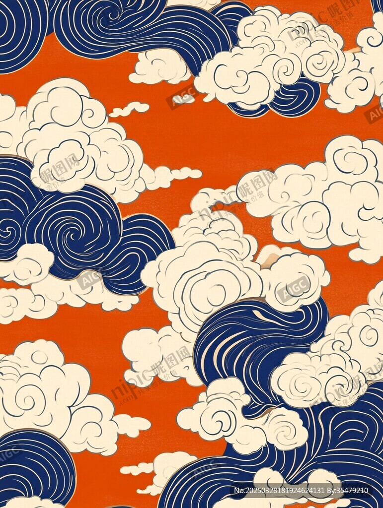 橙底云浪中式图案纹理