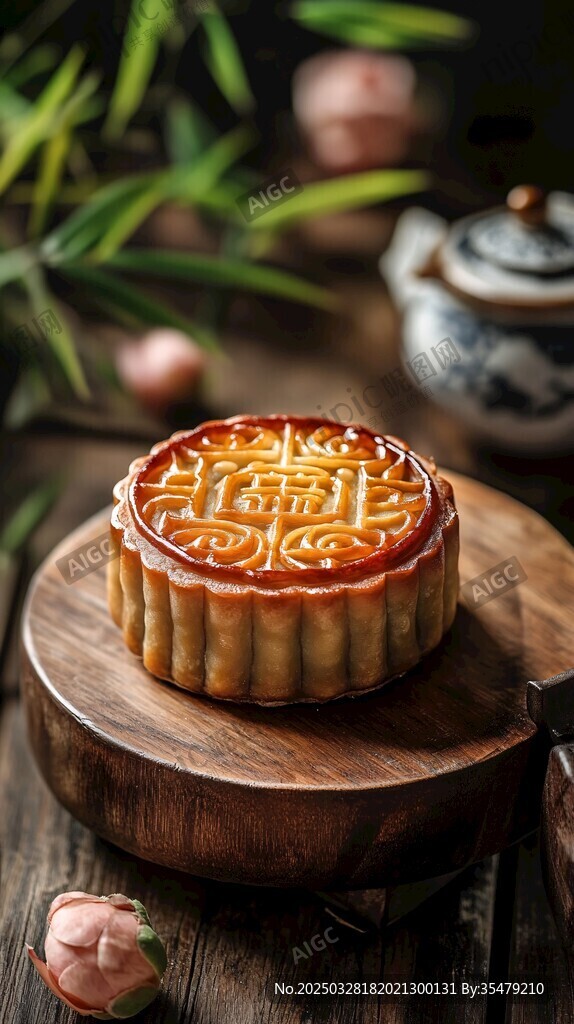 传统中式月饼置于木盘上