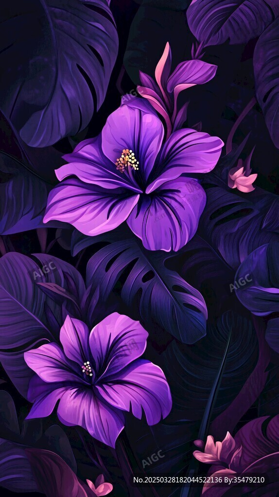 梦幻紫色花卉与叶片图案