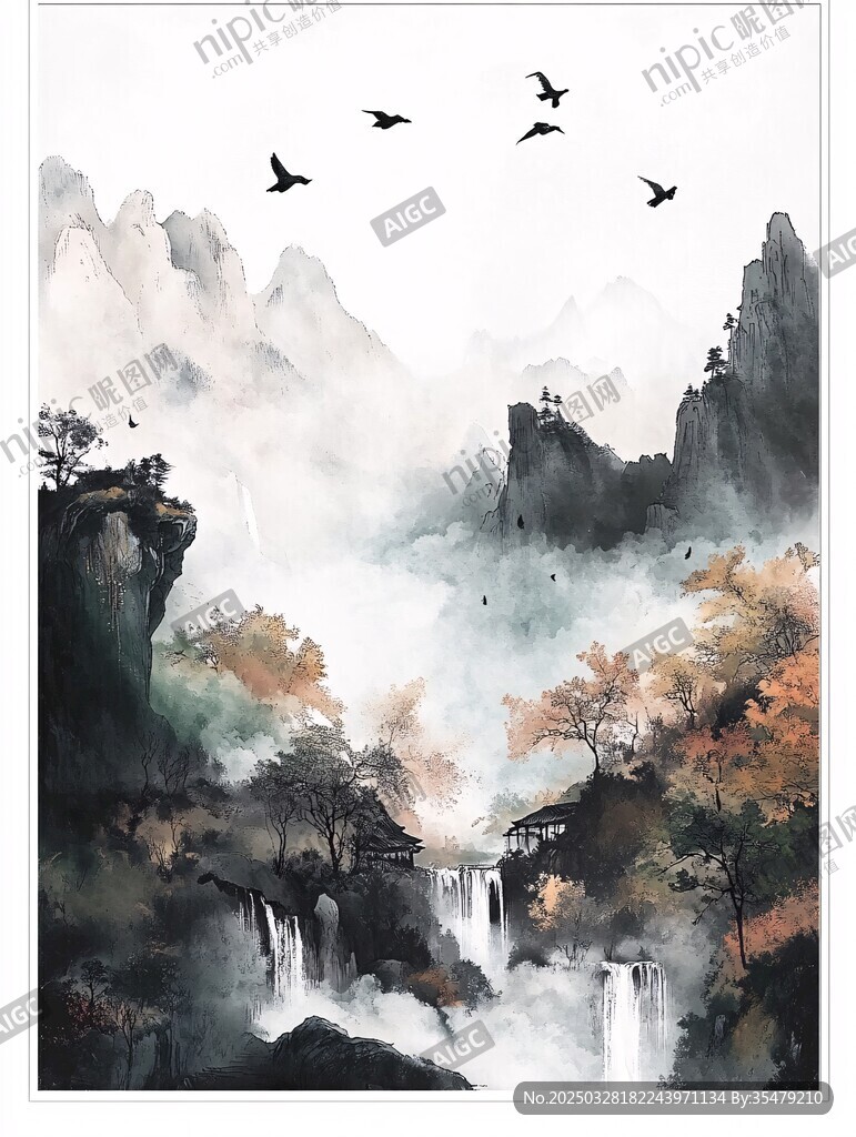 水墨山水间飞鸟绕奇峰