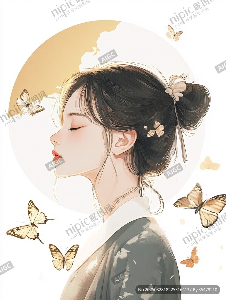 古风女子与蝶的唯美画面