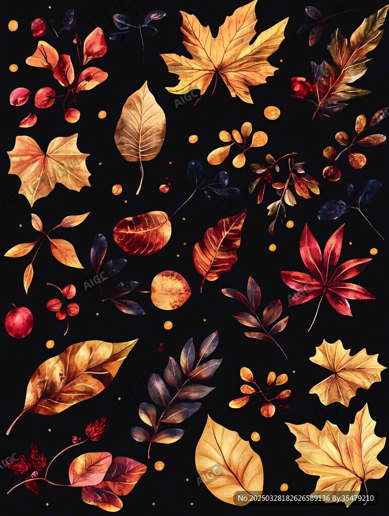 秋景树叶果实水彩插画