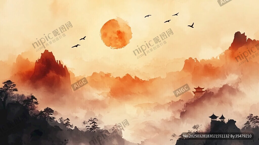夕阳映山景飞鸟添诗意