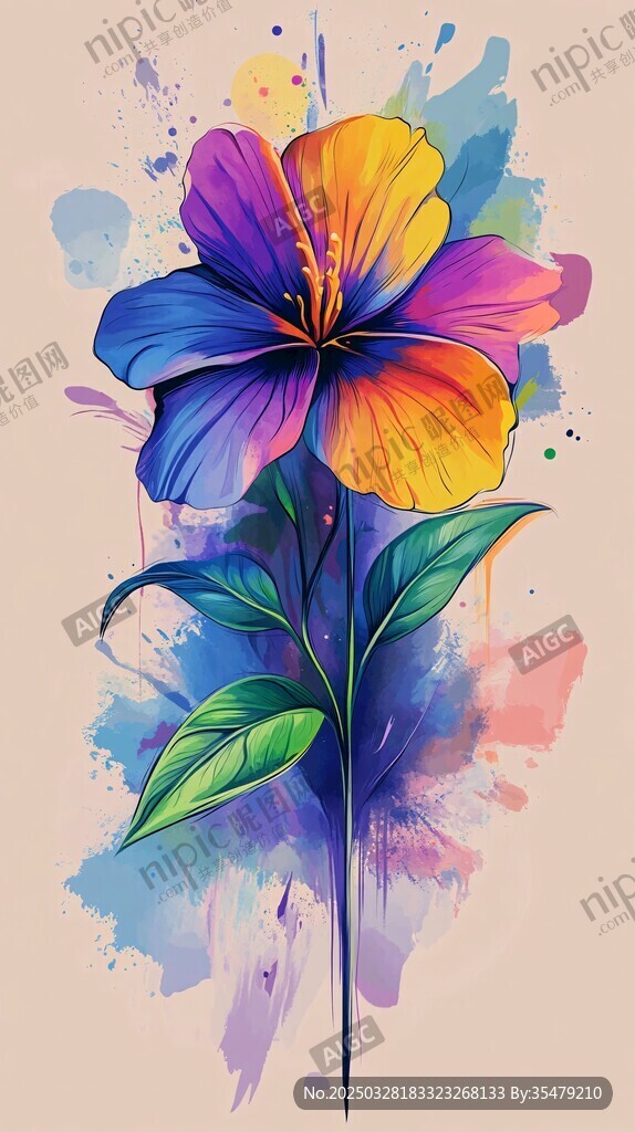 水彩绘多彩艳丽扶桑花