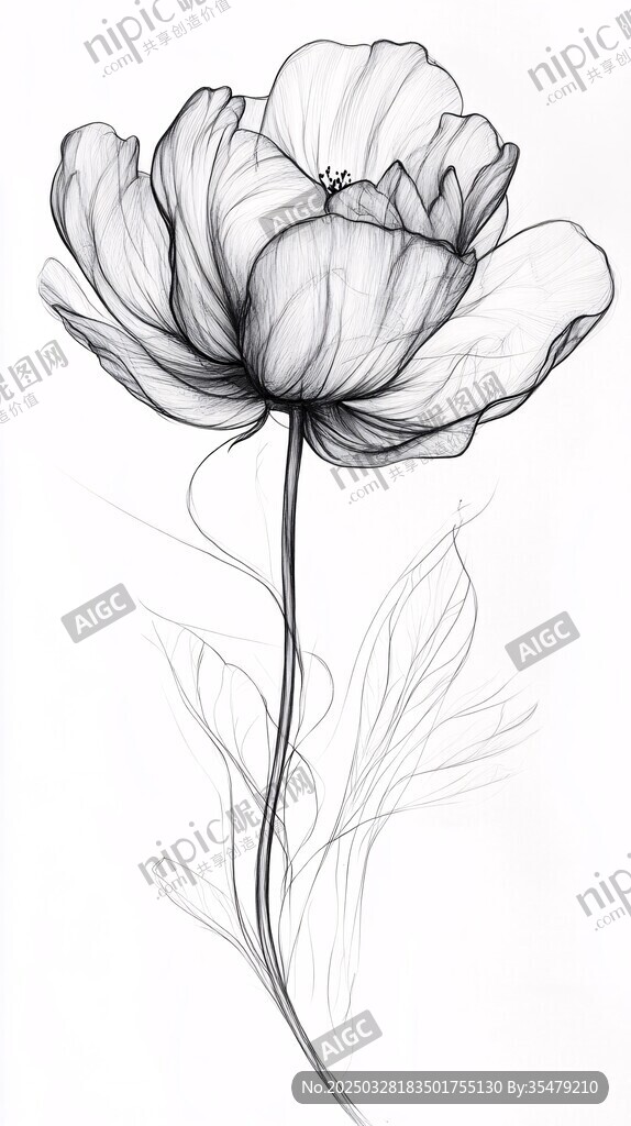 黑白线条勾勒的优雅花朵