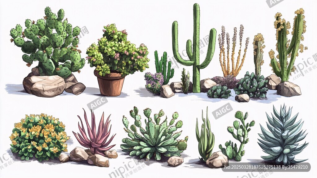多样仙人掌与多肉植物集合