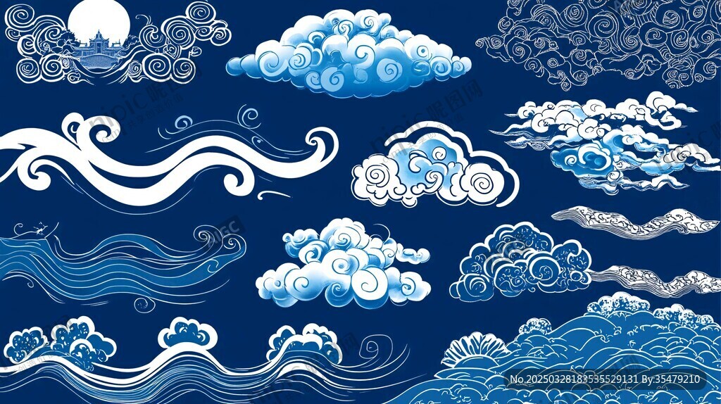 中式云纹海浪蓝色图案