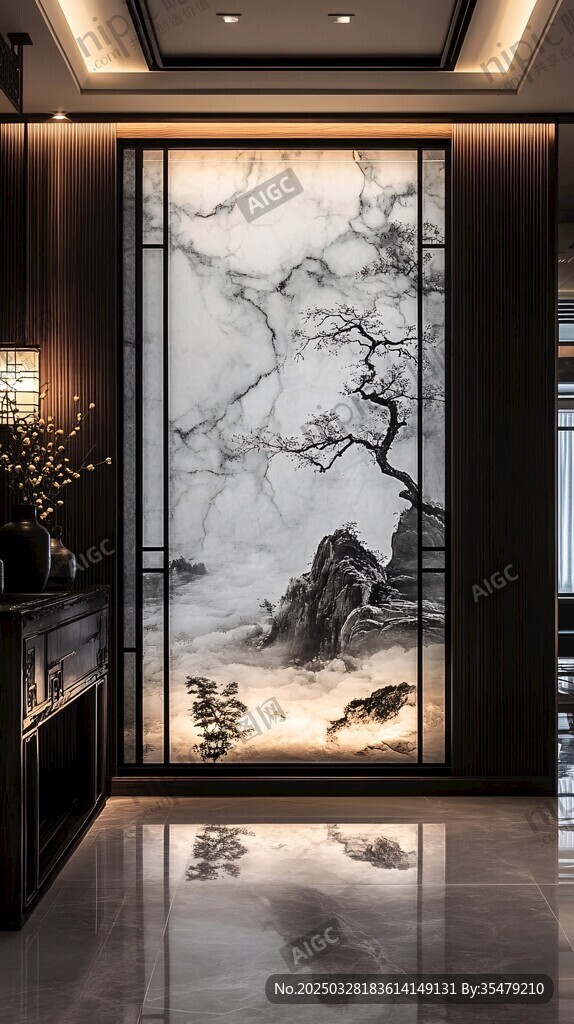 中式玄关大理石山水屏风