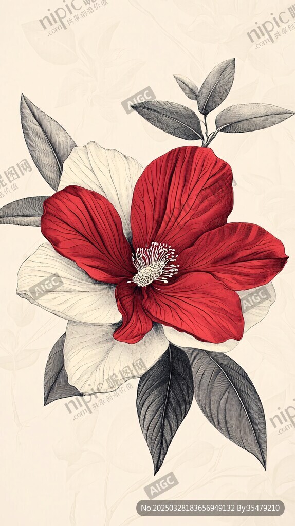 复古风红白花卉插画