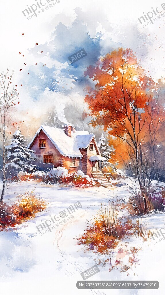雪覆秋林中的温馨小屋