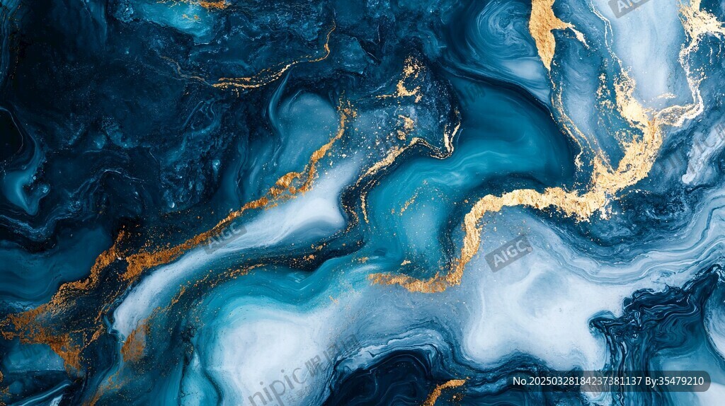 蓝金流体艺术抽象纹理画面