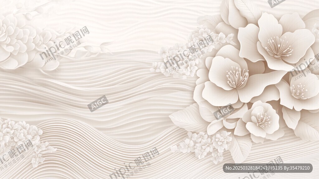 立体花卉与波纹背景装饰图