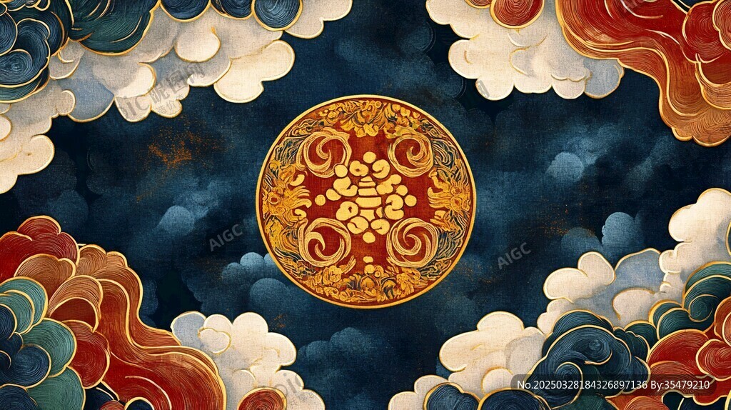 中式云纹环绕的古典圆纹图案