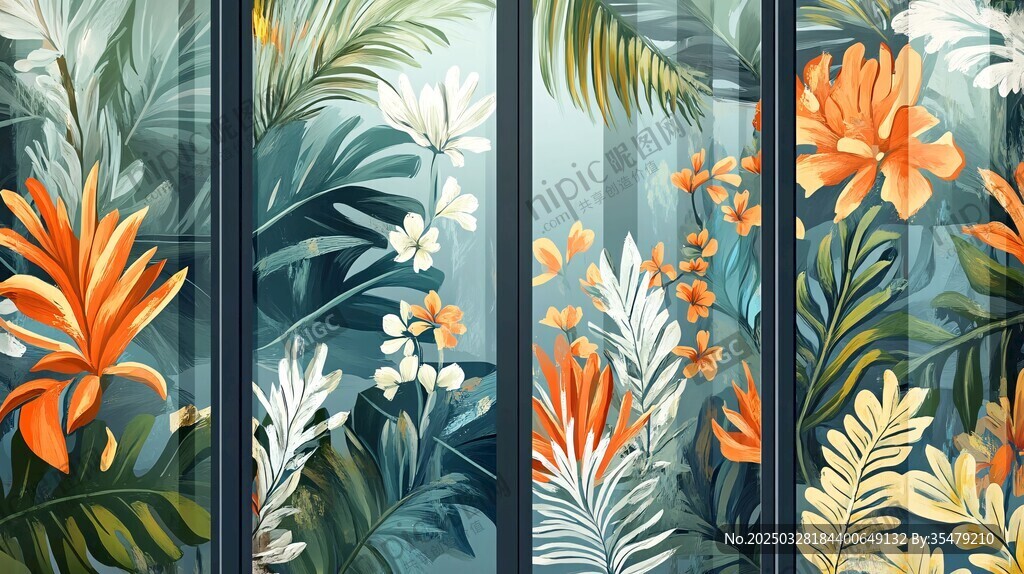 热带花卉玻璃墙艺术插画