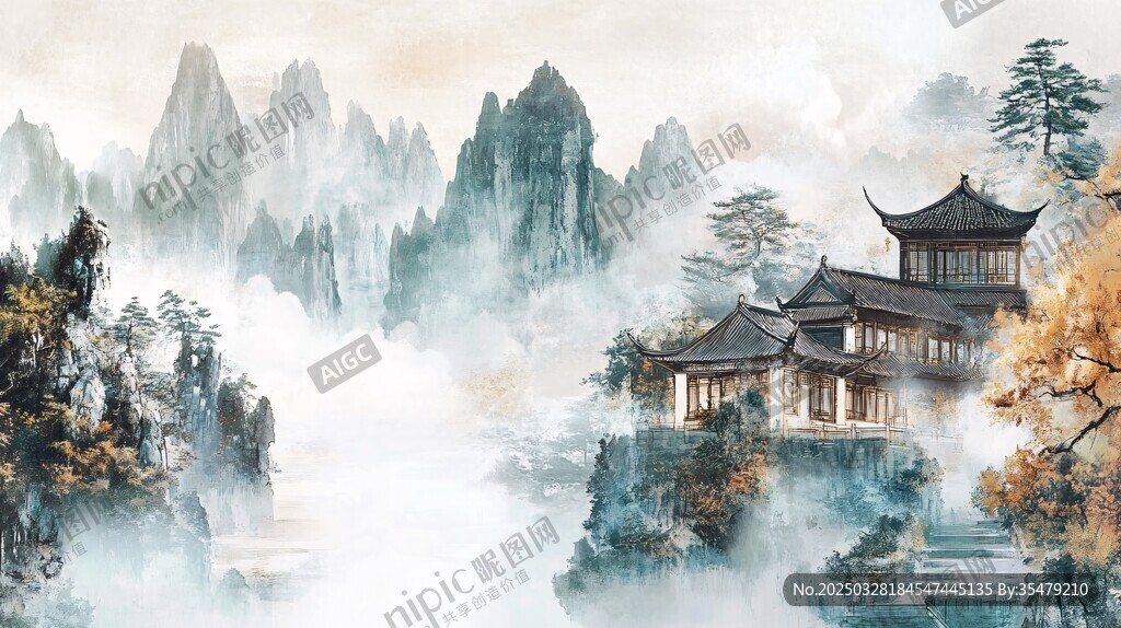 水墨山水间的古韵楼阁