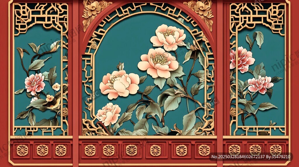 中式牡丹雕花屏风