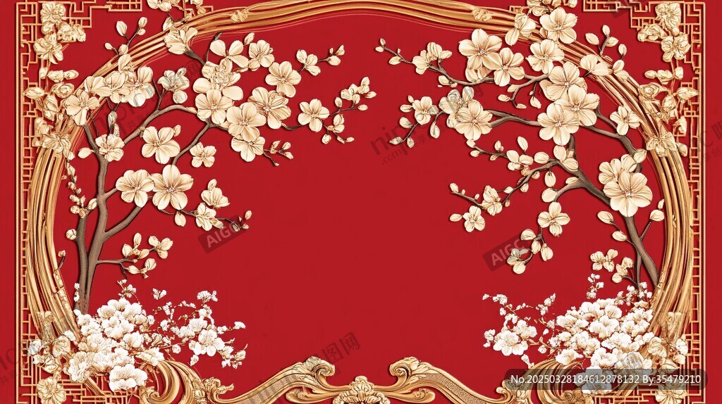 中式红底金框花卉装饰图