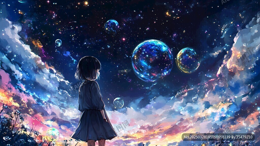 女孩凝望梦幻星空泡泡