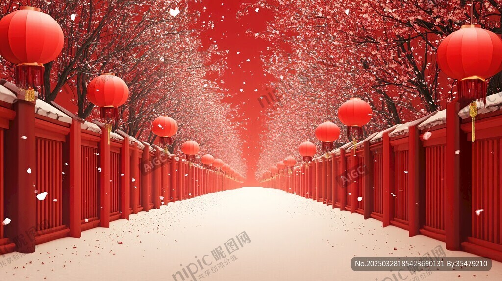 雪映红灯 中式浪漫长廊