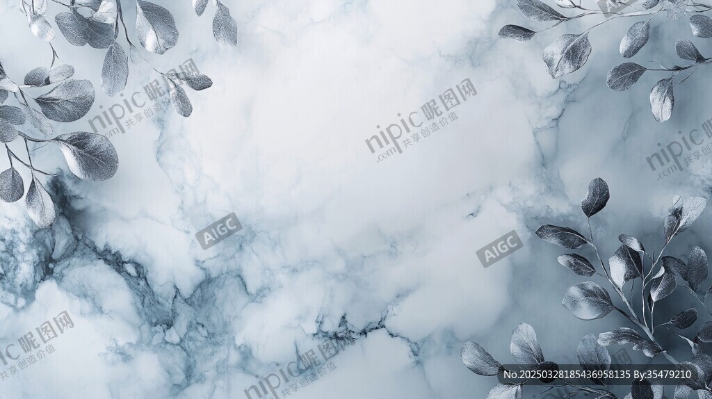 蓝白大理石配枝叶背景图