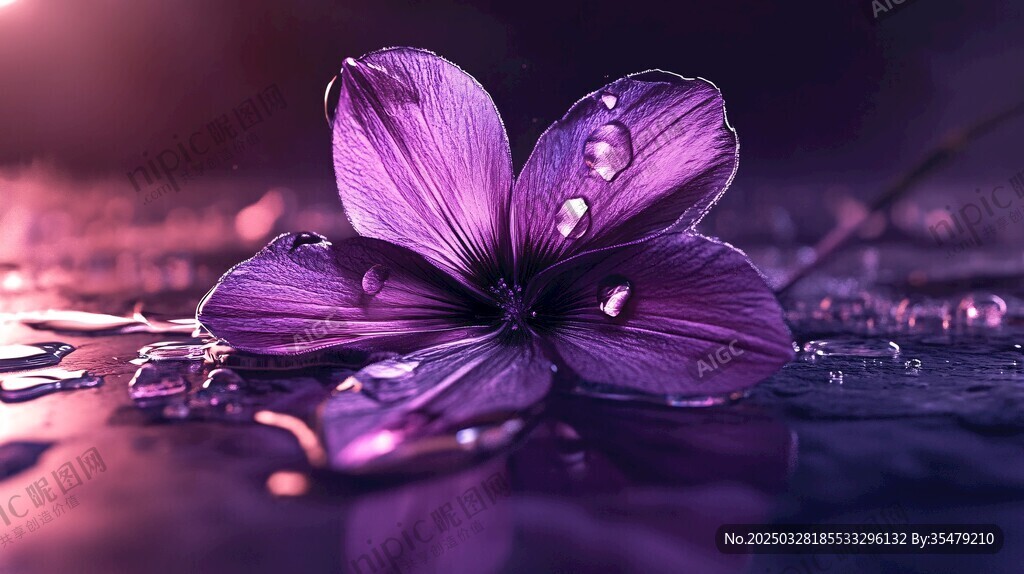 紫色带露花朵梦幻场景