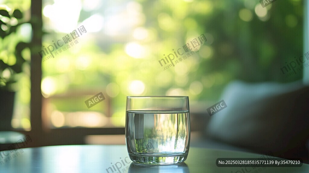 桌上透明水杯与绿意背景