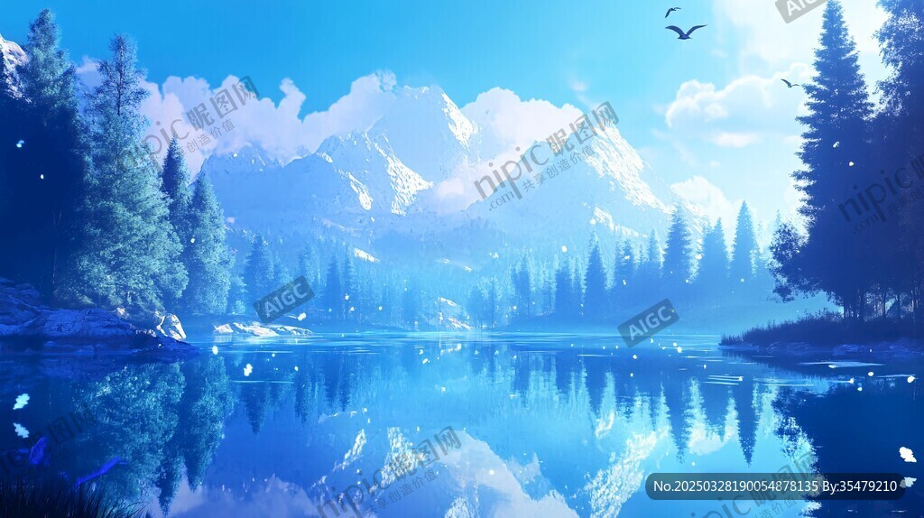 梦幻蓝色山林湖泊风景图