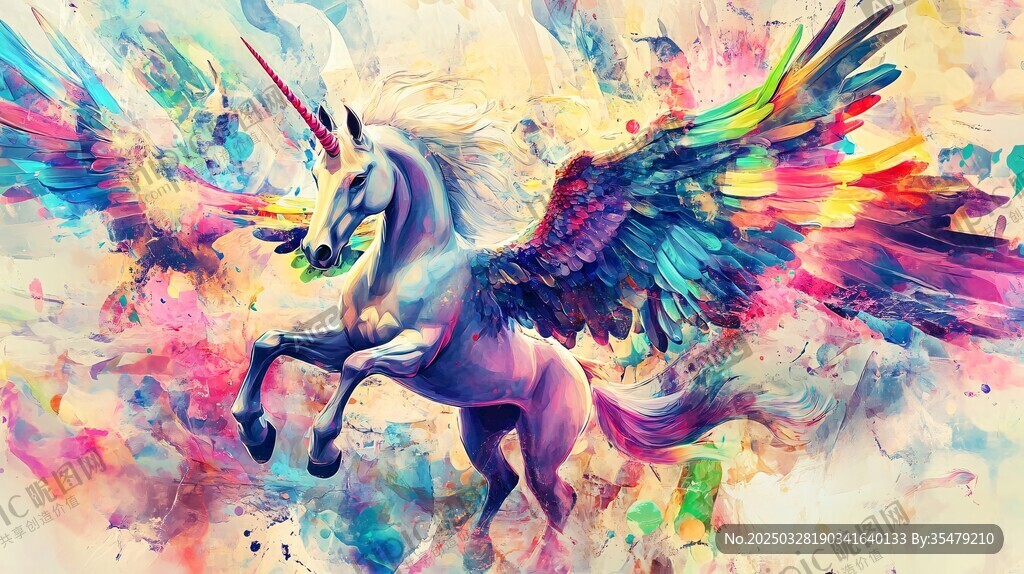 梦幻彩色独角兽振翅飞舞
