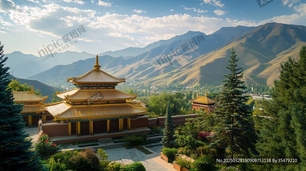 藏式寺庙映于山川美景中
