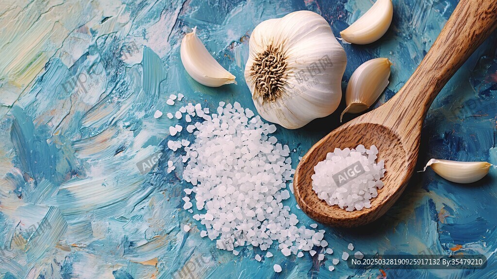 大蒜与海盐的烹饪素材图
