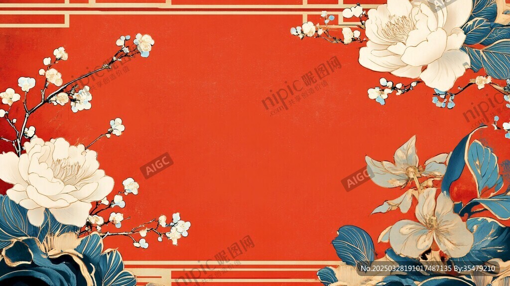 中式红底花卉传统背景图