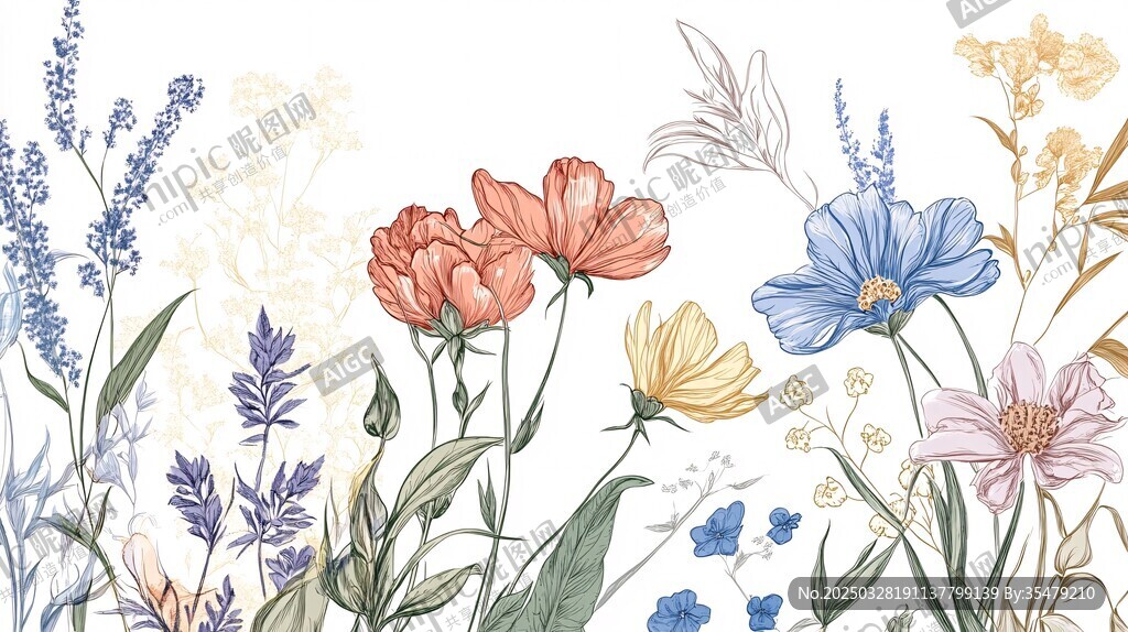 手绘多彩花卉田园风插画