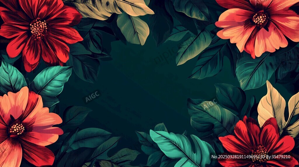 花卉环绕的深绿背景图案