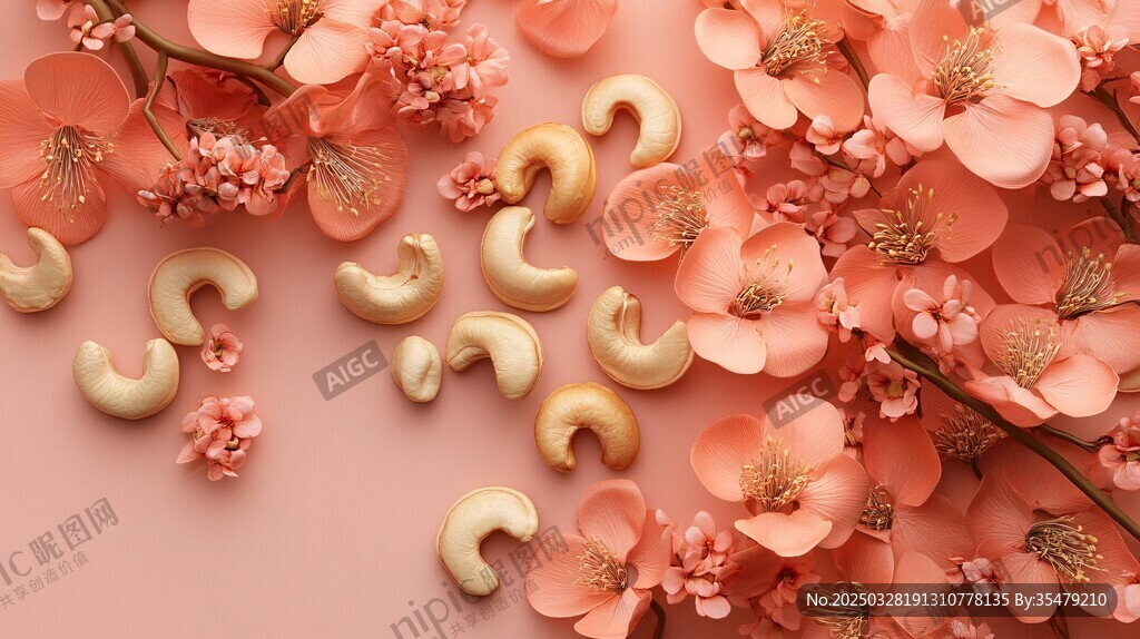 粉色花朵与腰果的唯美组合