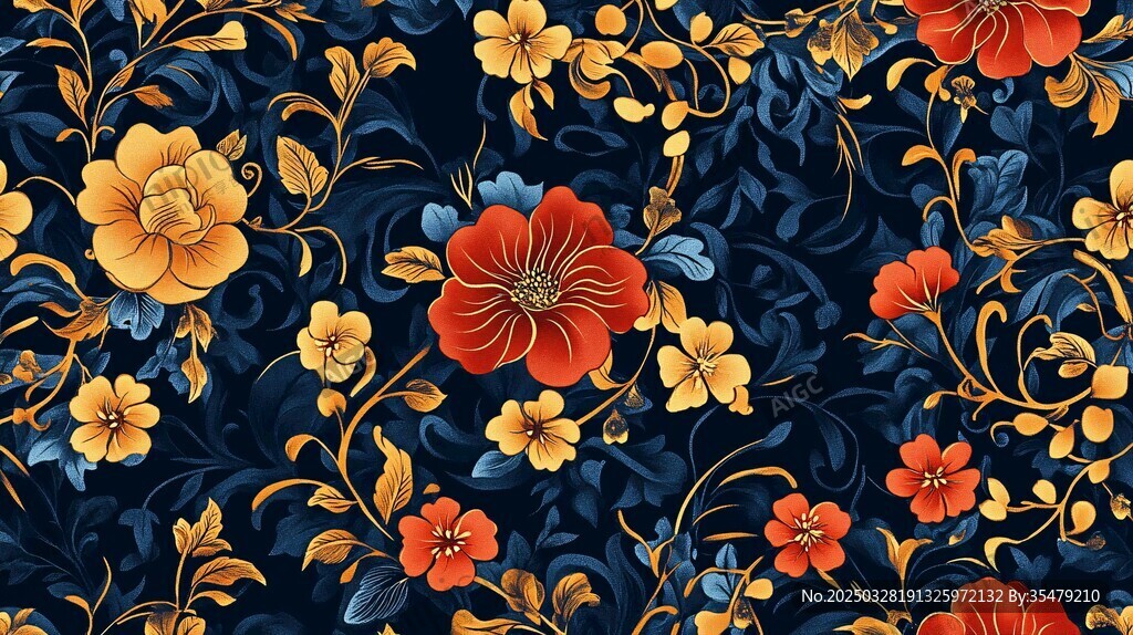 深蓝底绚丽花卉图案