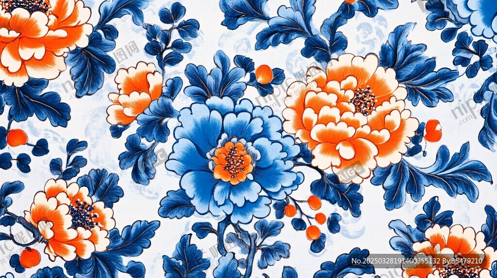 蓝橙花卉图案 雅致又精美