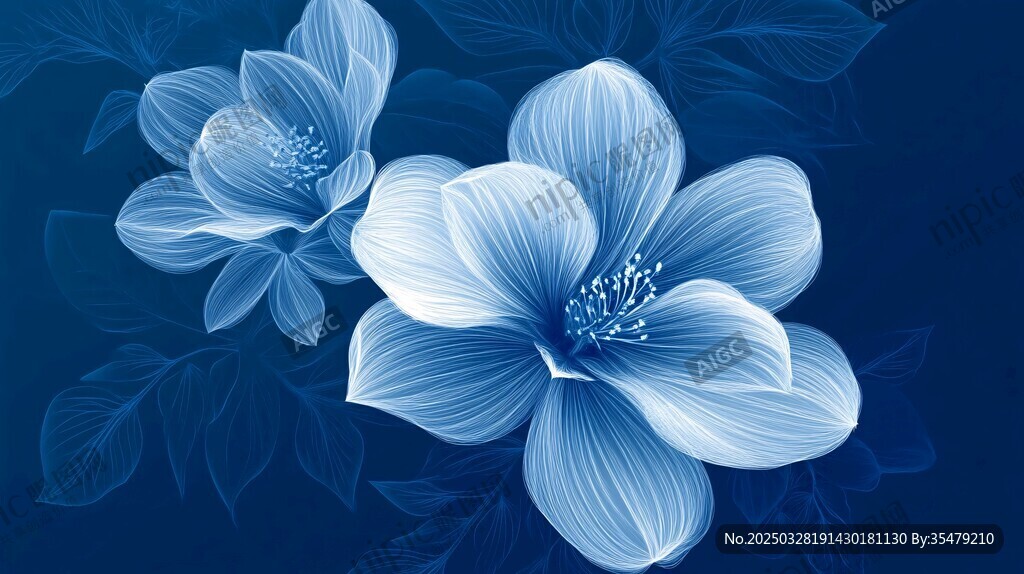 蓝色梦幻花卉插画